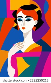 Hand drawn female vector pattern in Matisse style modern portrait to decorate print wall art, colorful abstraction in cubist and impressionist style