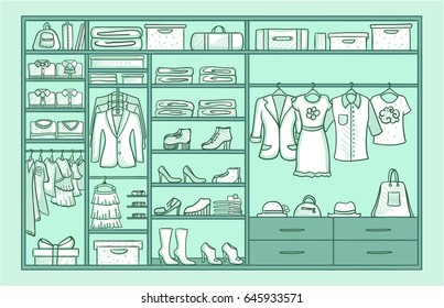 Hand drawn female wardrobe template with clothing footwear and accessories in green colors vector illustration