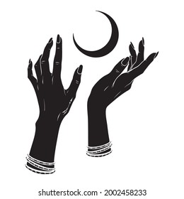 Hand drawn female witch hands holding crescent moon. Flash tattoo, sticker, patch or print design vector illustration