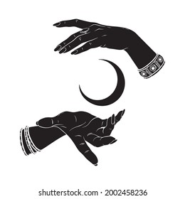 Hand drawn female witch hands holding crescent moon. Flash tattoo, sticker, patch or print design vector illustration