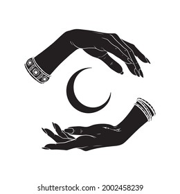 Hand Drawn Female Witch Hands Holding Crescent Moon. Flash Tattoo, Sticker, Patch Or Print Design Vector Illustration