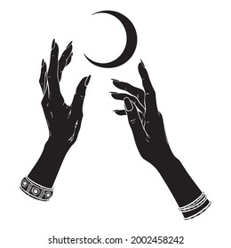 Hand drawn female witch hands holding crescent moon. Flash tattoo, sticker, patch or print design vector illustration