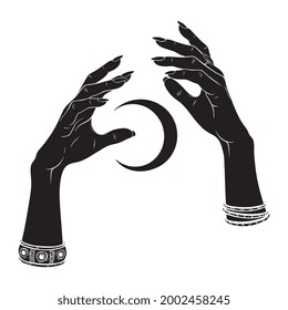 Hand drawn female witch hands holding crescent moon. Flash tattoo, sticker, patch or print design vector illustration