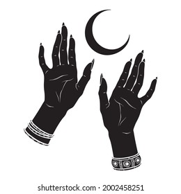 Hand drawn female witch hands holding crescent moon. Flash tattoo, sticker, patch or print design vector illustration