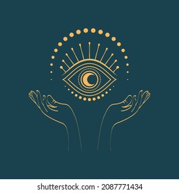 Hand drawn female witch hands holding eye.