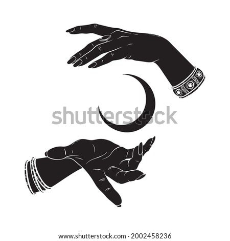 Hand drawn female witch hands holding crescent moon. Flash tattoo, sticker, patch or print design vector illustration
