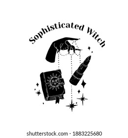 Hand drawn female witch hand holding book and lipstick surrounded by stars and sparcles. Magical feminine vector illustration.