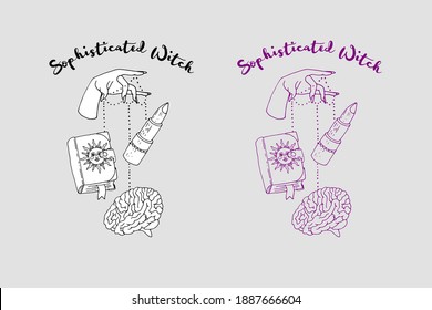 Hand drawn female witch hand manipulating magic book, lipstick and brain. Sophisticated witch text. feminine power vector illustration.