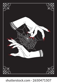 Hand drawn female witch or vampire hands with cobweb poster or altar veil print design vector illustration