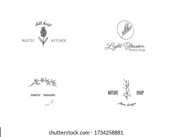 Hand Drawn Feminine Floral Logo. Logo Template for photographer, farm, eco, organic, blogger, design studio, Farm house, hand made. Hand drawn botanical logo in trendy style for wedding. Vector