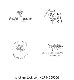 Hand Drawn Feminine Floral Logo. Logo Template for photographer, farm, eco, organic, blogger, design studio, Farm house, hand made. Hand drawn botanical logo in trendy style for wedding.Floral Vector
