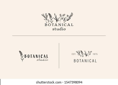 Hand Drawn Feminine Logo. Modern Logo Template for florist, photographer, fashion blogger, spa, cosmetic, interior design. Branding identity collection. Floral minimal logo. Wildflower logo. 