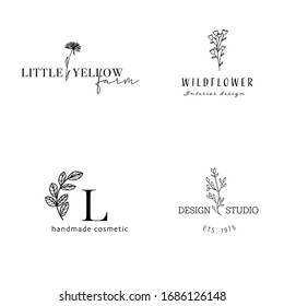 Hand Drawn Feminine Logo. Modern Wild Flower Logo Template For Florist, Photographer, Fashion Blogger, Design Studio, Interior Design. Branding Identity Collection. Floral Minimal Logo. 