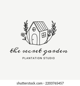 Handgezeichnetes weibliches Logo. Modern Flower House Logo Template für Floristen, Fotografen, Modeblogger, Designstudio und Innenarchitekten. Branding-Identitätssammlung. Minimales Blumenlogo