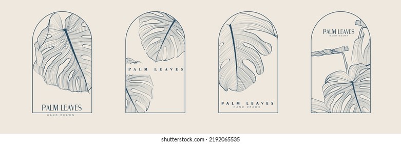 Conjunto de plantillas de logotipo femenino dibujadas a mano. La monstera tropical deja Ilustración con tipografía clásica. Símbolo de cosmética, joyería, productos de belleza de estilo femenino.