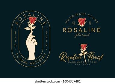 Hand Drawn Feminine Vector Signs or Logo Templates Set. Hand & Rose Illustration with Classy Typography.