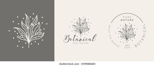 Hand Drawn Feminine Vector Signs or Logo Templates Set. Flower Illustration with Classy Typography.