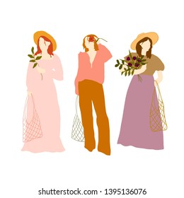 Hand drawn feminist characters in trendy clothes isolated on white background. Woman festival colorful. Girl power design for logo, social media, poster, print. Forever young fashion people. 