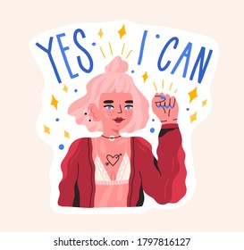 Hand drawn feminist composition with motivation phrase Yes i can vector flat illustration. Modern hipster woman raising fist demonstrate girl power isolated on white. Independence and gender equality