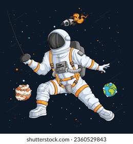 Hand drawn Fencing Astronaut with sword in spacesuit, martial arts spaceman over rocket and planets 