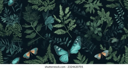Hand drawn Ferns seamless pattern, forest plants with butterflies dark background.