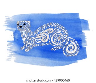 Hand drawn ferret in zen tangle style with high details.Coloring page for anti-stress art therapy. Hand drawn zendoodle animal on watercolor background. Sketch for poster, print, t-shirt. Vector.