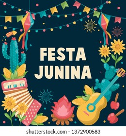 Hand drawn Festa Junina Brazil June Festival. Folklore Holiday. Guitar, Accordion, Cactus, Summer, Sunflower, Campfire, Flag, - Ready to Print - Background - Vector Illustration - Vector