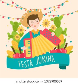 Hand drawn Festa Junina Brazil June Festival. Folklore Holiday. Guitar, Accordion, Cactus, Summer, Sunflower, Campfire, Flag, - Ready to Print - Background - Vector Illustration - Vector