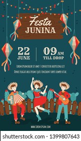 Hand drawn Festa Junina Brazil June Festival Poster. Folklore Holiday. Guitar, Accordion, Cactus, Summer, Sunflower, Campfire, Flag, - Ready to Print - Background - Vector Illustration