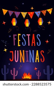 Hand drawn Festa Junina Brazil June Festival. Folklore Holiday. Guitar, Accordion, Cactus, Summer, Sunflower, Campfire, Flag, - Ready to Print - Background - Vector Illustration - Vector
