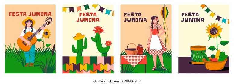 Coleção de conjunto de cartões verticais festa junina desenhada à mão