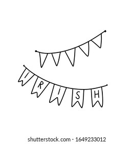 Hand drawn festive banner with irish text doodle sign symbol vector illustration, outline icon isolated  on white background. Design for label, poster, greeting card, Saint Patricks day, coloring book