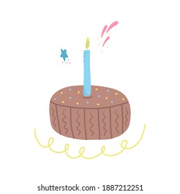 Hand drawn festive cake with a candle, biscuit isolated on a white background. Illustration in a simple flat style. Sweet treat for the holiday. It can be used for decoration of textile, paper.