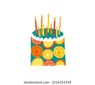 Bolo festivo desenhado à mão com decorações. Feriado, aniversário, celebração, festa. Ilustração vetorial em estilo plano.