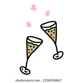 Hand drawn festive champagne glasses in doodle style. Perfect for tee, stickers, cards. Isolated vector illustration for decor and design.


