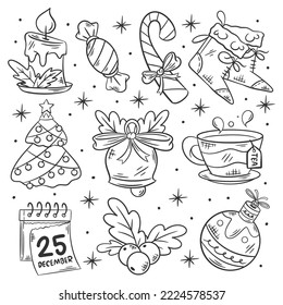 Hand drawn festive Christmas elements set of coloring