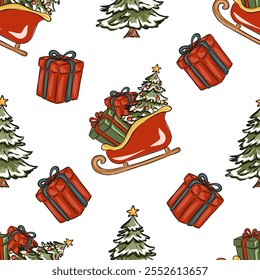 Hand drawn festive Christmas pattern with colorful trees and a sleigh filled with presents vector illustration