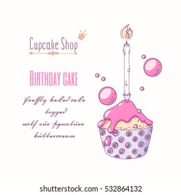 Hand drawn festive cupcake with candle and doodle buttercream for pastry shop menu. Special birthday flavor. Vector illustration
