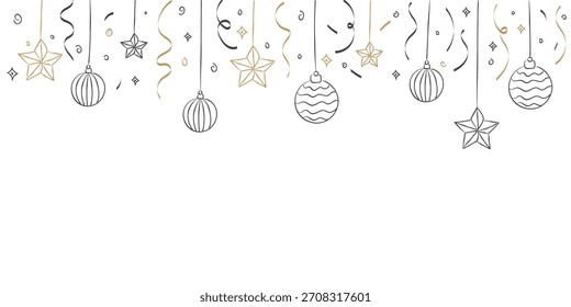 Doodle festivo dibujado a mano, adornos minimalistas de arte de línea y estrellas cuelgan con rizos y destellos juguetones, creando un borde de vacaciones limpio y festivo. Guirnalda de Navidad colgando bolas, crayón doodle.