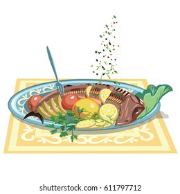 Hand drawn festive fish dish template with baked sturgeon vegetables lemon lettuce food seasonings on plate vector illustration