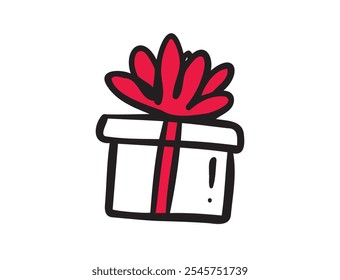 Hand drawn Festive Gift Box icon, outline elegant present Decorative red Bow. Romantic happy Valentine's day doodle drawing. Vector illustration
