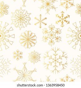Hand drawn festive golden snowflakes seamless pattern. Christmas decoration. Vector holiday gift gold wrapper background. 