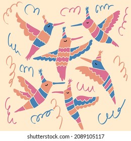 Hand drawn festive hummingbirds birthday pattern. Perfect for T-shirt, poster, greeting card and print. Doodle vector illustration for decor and design.
