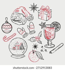 Iconos festivos dibujados a mano en rojo y negro: sombrero de Santa, mitones, globo de nieve, bastón de caramelo, bebida cítrica, especias. Ilustración de boceto de Vector en estilo vintage de carbón de crayón. Navidades tarjeta de felicitación