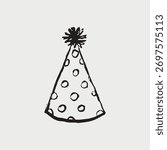 Hand drawn festive party hat with polka dot pattern and pom-pom top, perfect for birthday or celebration themes. Happy birthday accessory, invitation, greeting card design