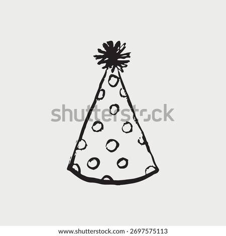 Hand drawn festive party hat with polka dot pattern and pom-pom top, perfect for birthday or celebration themes. Happy birthday accessory, invitation, greeting card design