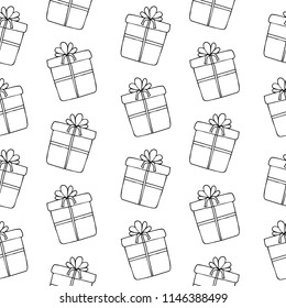 Hand drawn festive pattern with christmas gifts, presents. Vector illustration. 