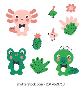Hand drawn festive reptiles collection. Perfect for poster, textile and prints. Cartoon style vector illustration for decor and design.

