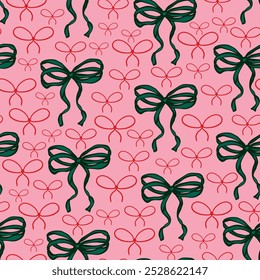 Hand drawn, festive ribbons seamless repeat pattern on pink background. Christmas, vector bow aop, all over print.