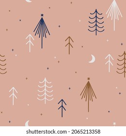 Hand drawn festive seamless pattern with Christmas trees. Winter background with decorative pine trees. Repeatable line art forest pattern. Creative botanical vector illustration